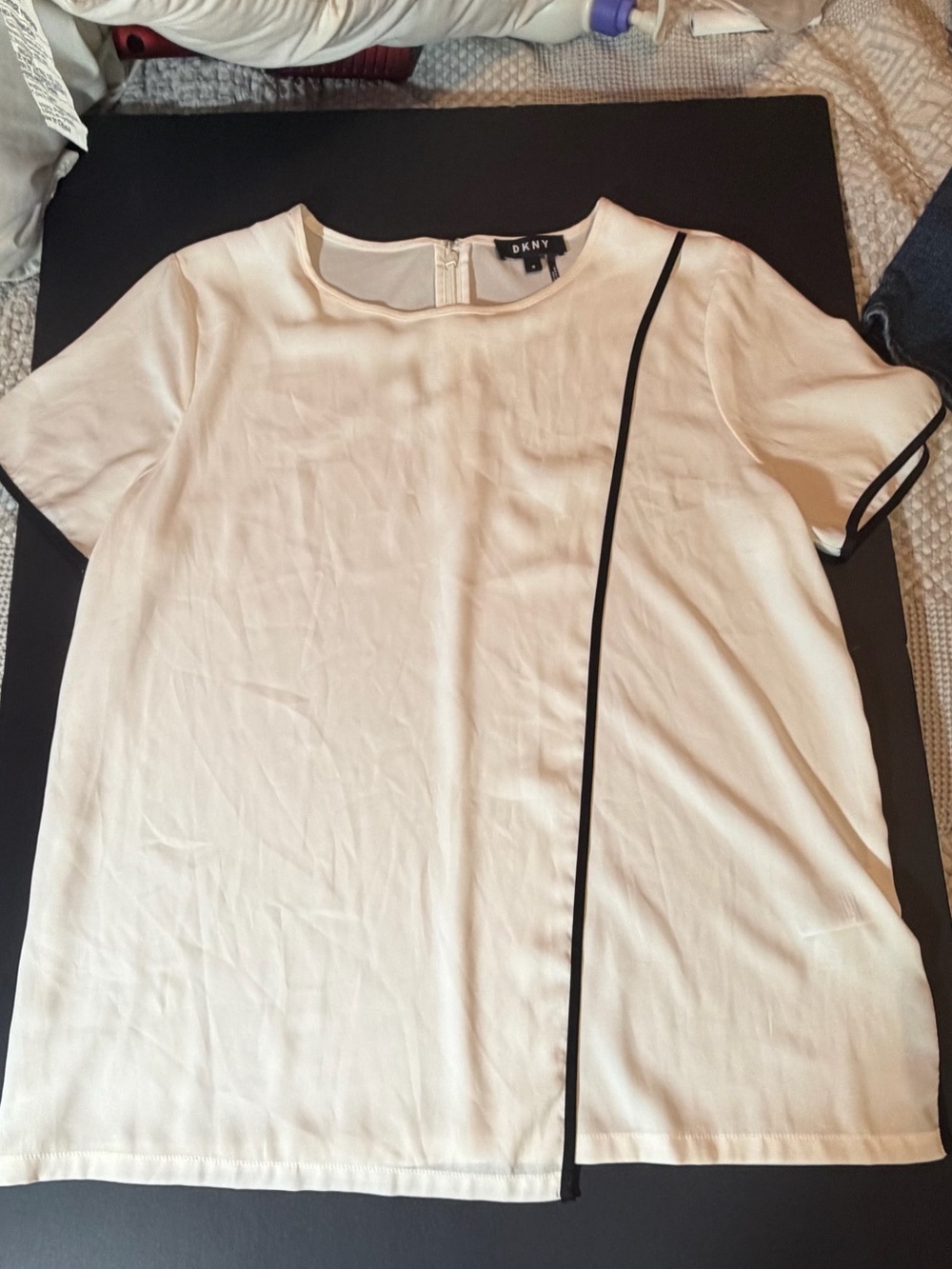 DKNY White Short Sleeve Top with Black Vertical Trim